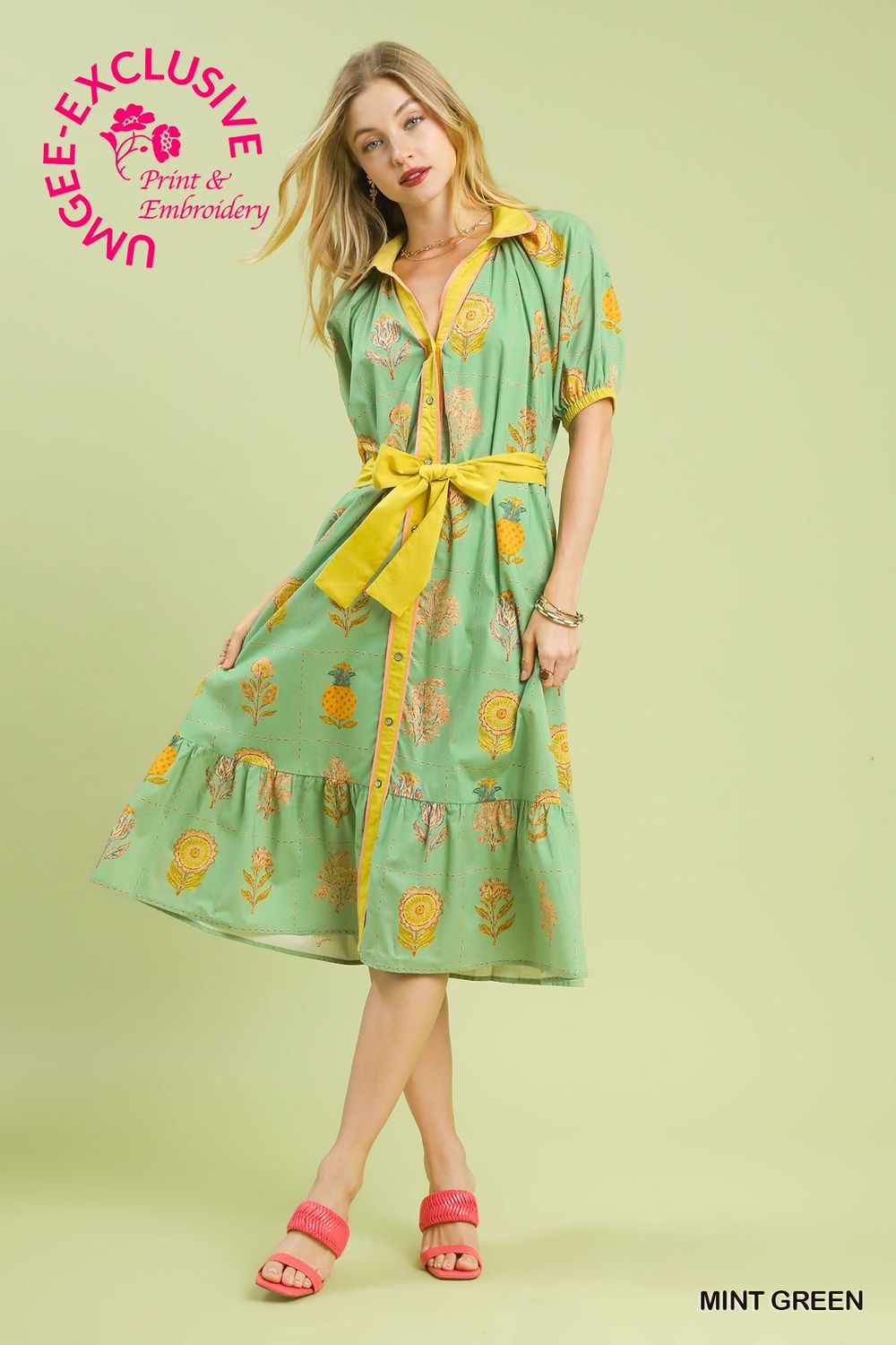 Blossom Stitch Print V-Neck Midi Dress, Color: Mint Green, Size: S