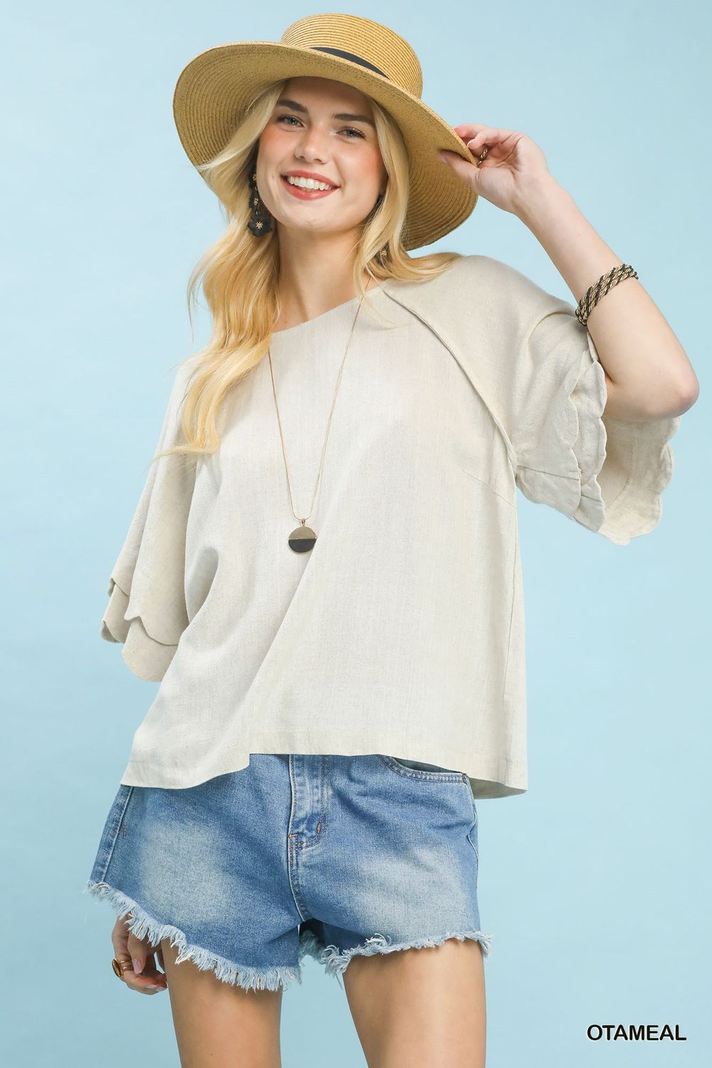 Linen Blend Raglan Sleeve Top, Color: oatmeal, Size: s