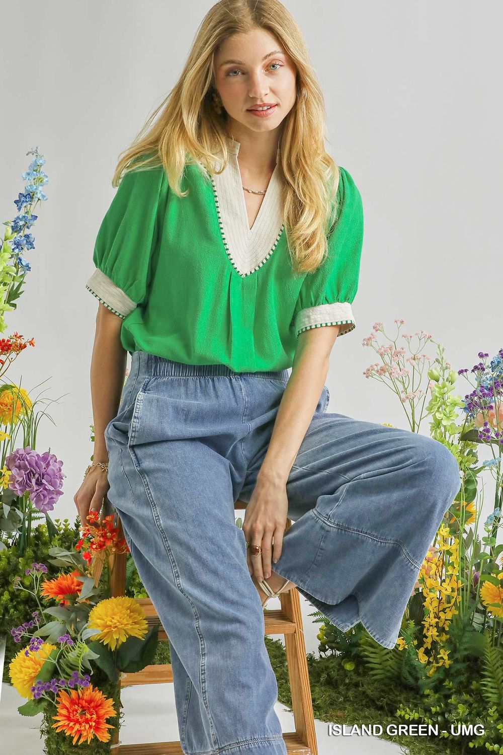 Linen Contrast Trim Top, Color: Green, Size: S