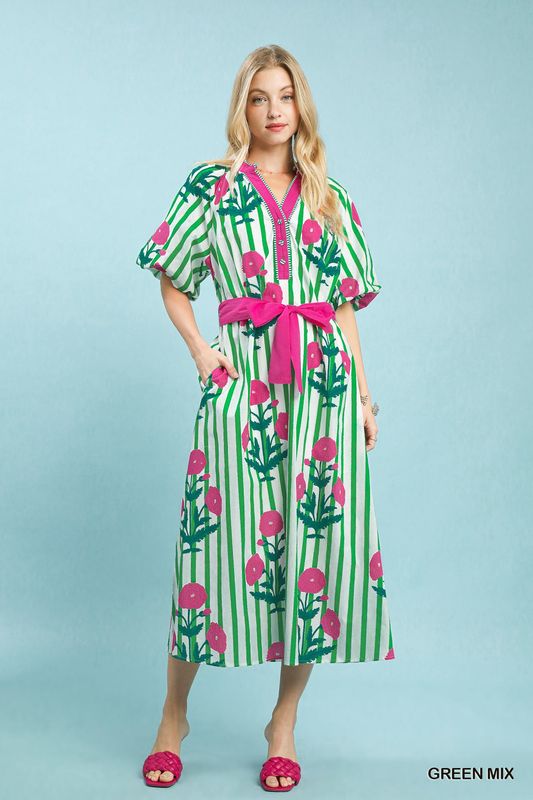 Striped Floral Maxi Dress with Waist Tie