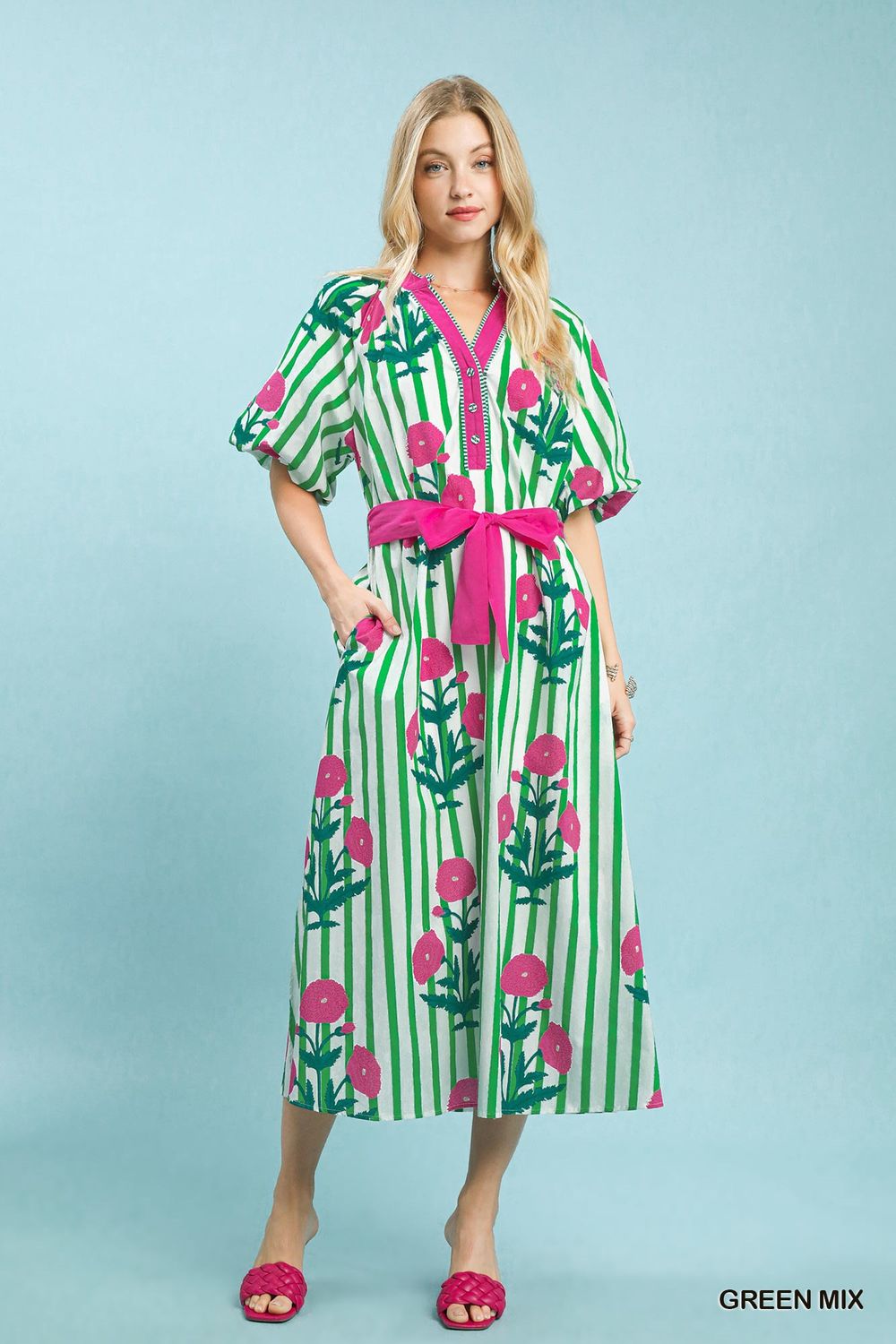 Striped Floral Maxi Dress with Waist Tie, Color: Green Mix, Size: S