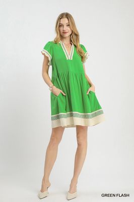 Linen Color Block Flutter Sleeve Dress