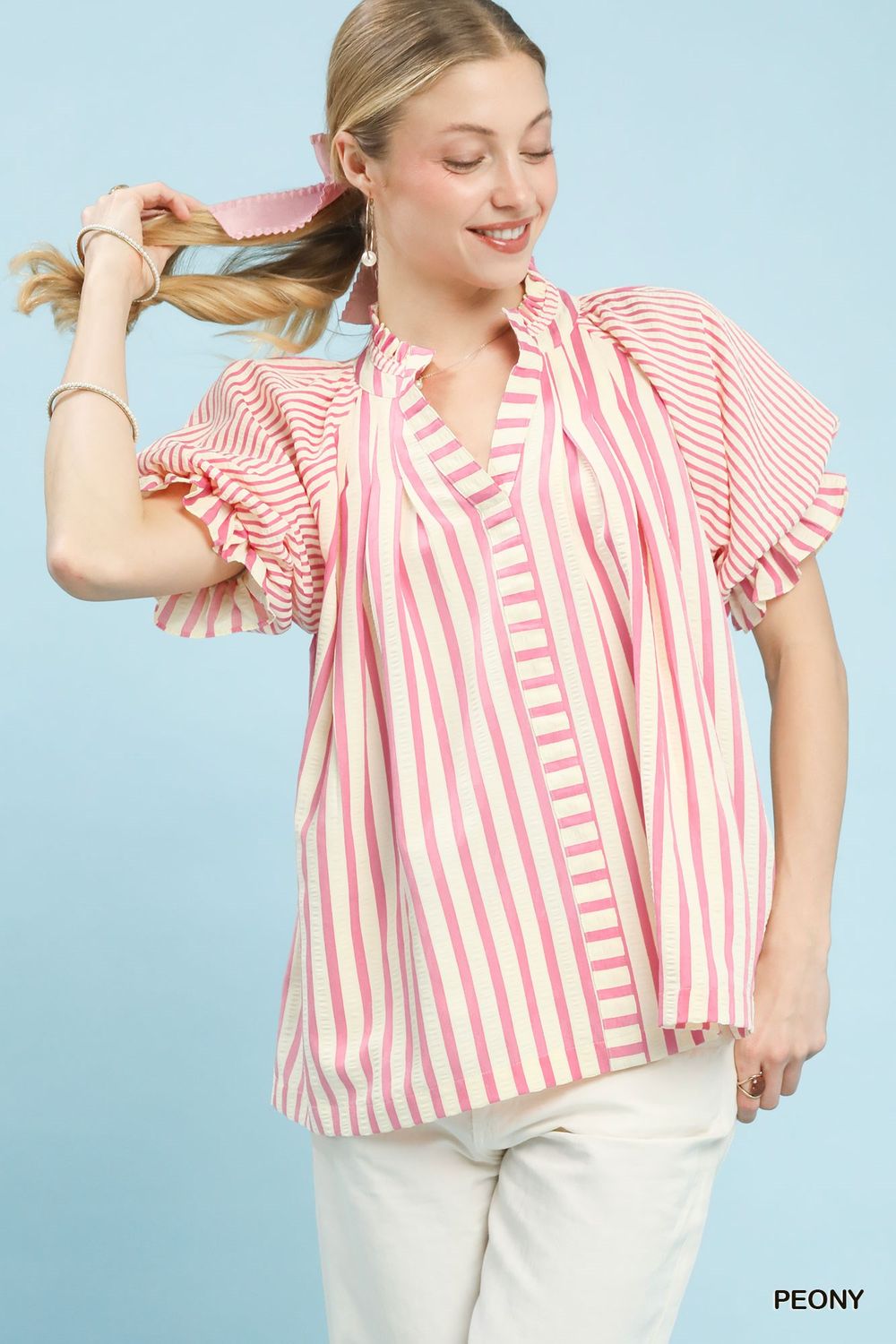 Striped V-Neck Top, Color: Pink, Size: S