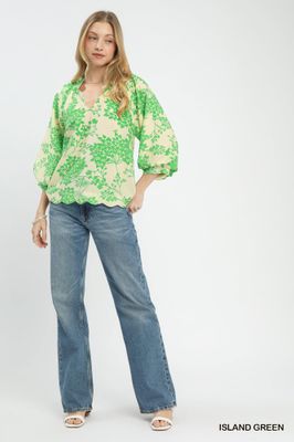 Cherry Blossom Print Scalloped Hem Blouse