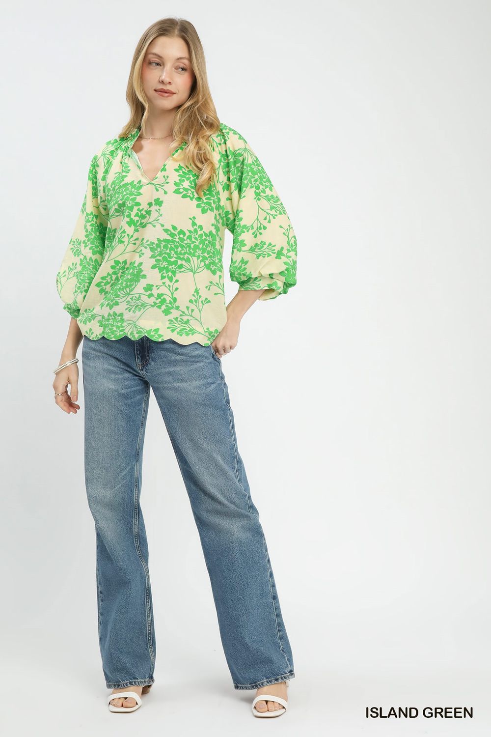 Cherry Blossom Print Scalloped Hem Blouse, Color: Green, Size: S