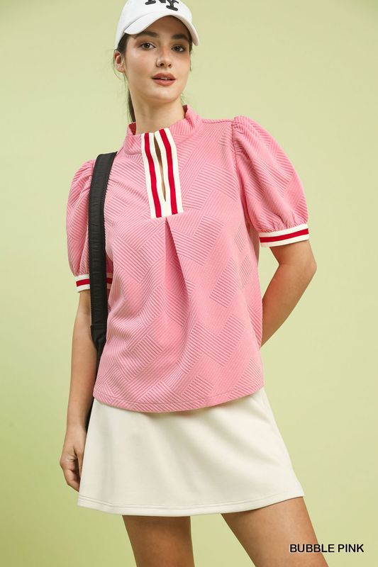 Jacquard Textured Puff Sleeve Top