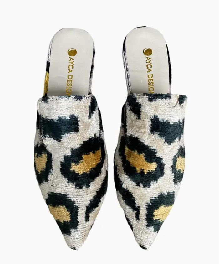 Silk Velvet Ikat Point Toe Slide, Color: Leopard, Size: 11