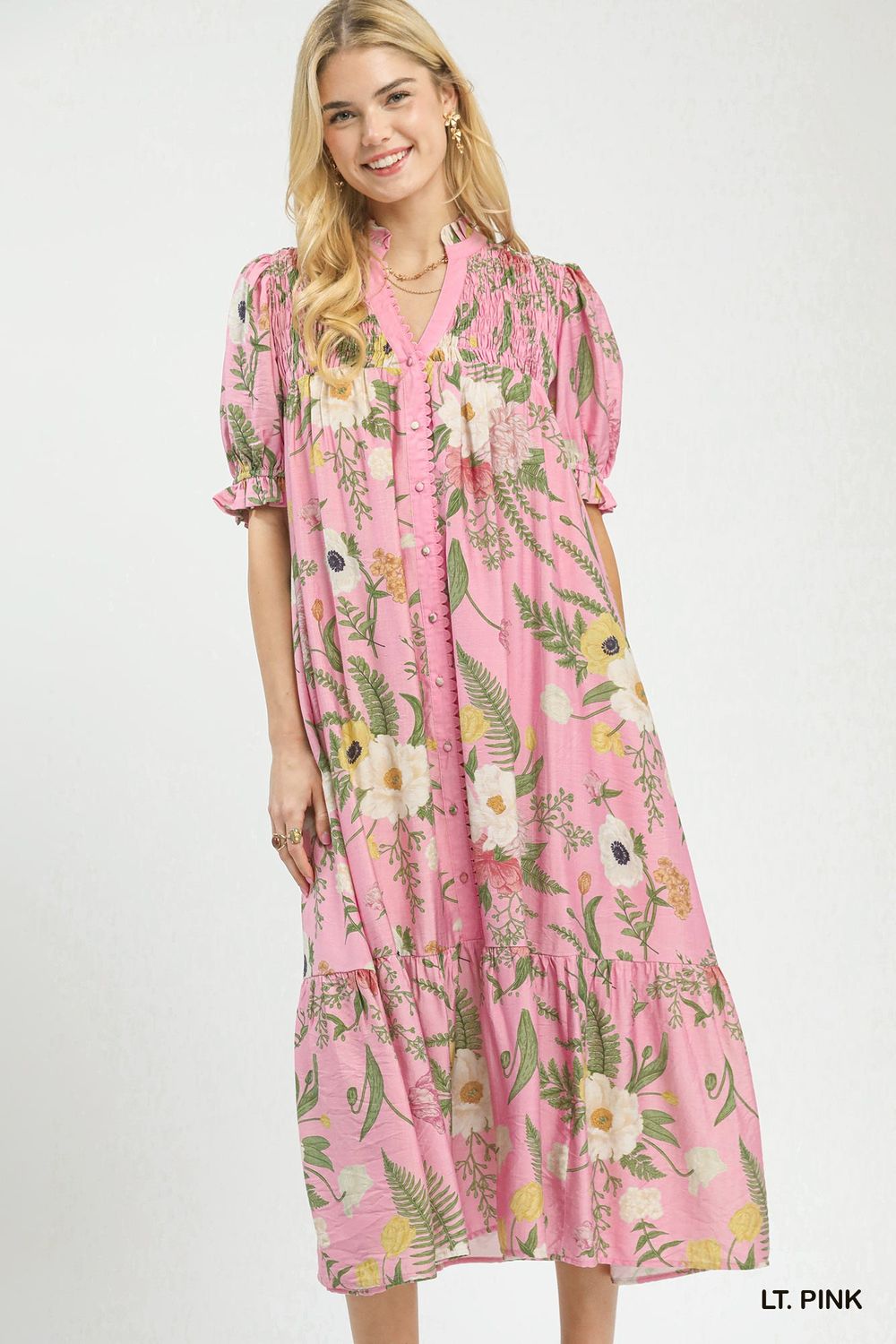 Floral Smocked Button-Front Midi Dress, Color: Pink, Size: S