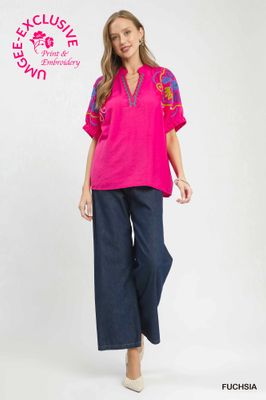 Multicolor Embroidered Split Neck Top