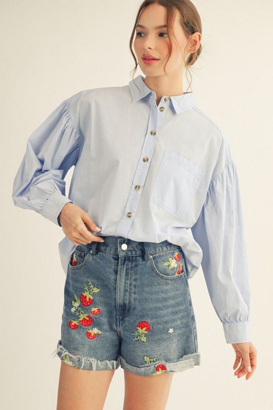 Drop shoulder long puff sleeves button down