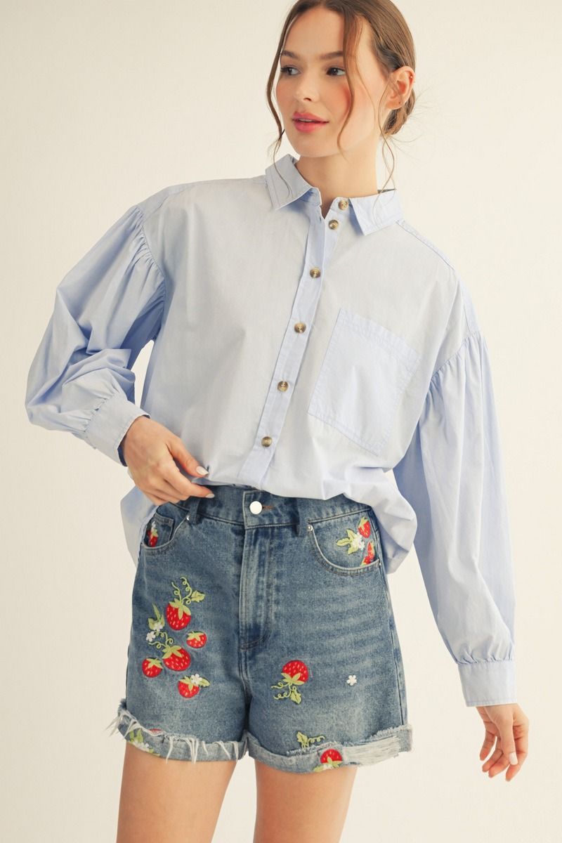 Drop shoulder long puff sleeves button down, Color: Blue, Size: S