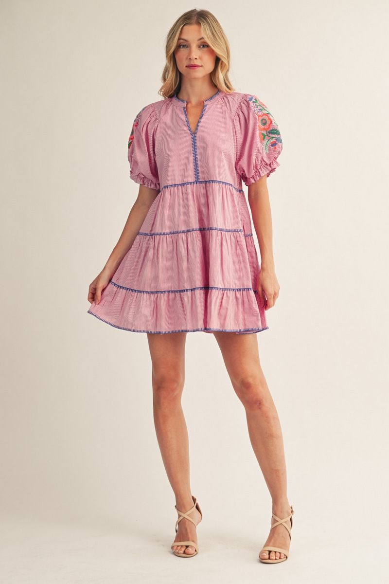 Short puff sleeves tiered pinstripe dress, Color: Berry, Size: S