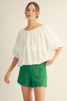 Half puff sleeves wide round neck solid top