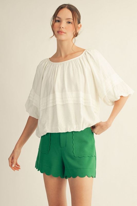 Half puff sleeves wide round neck solid top