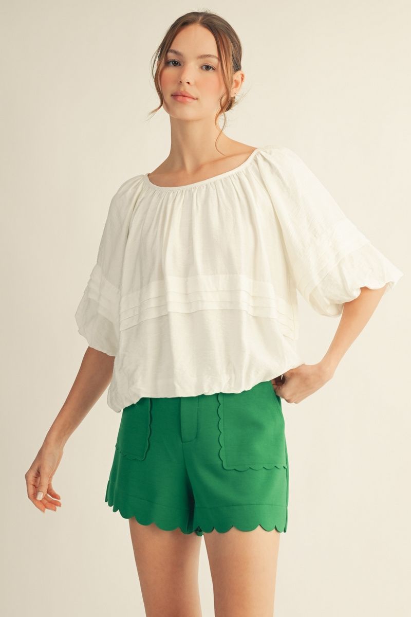 Half puff sleeves wide round neck solid top, Color: Off White, Size: S