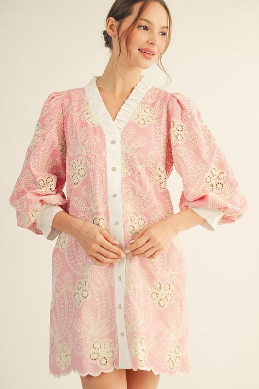 3/4 puff sleeves button down embroidered pinstripe dress