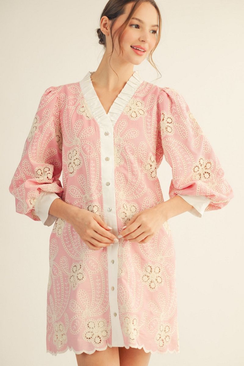 3/4 puff sleeves button down embroidered pinstripe dress, Color: Pink, Size: S