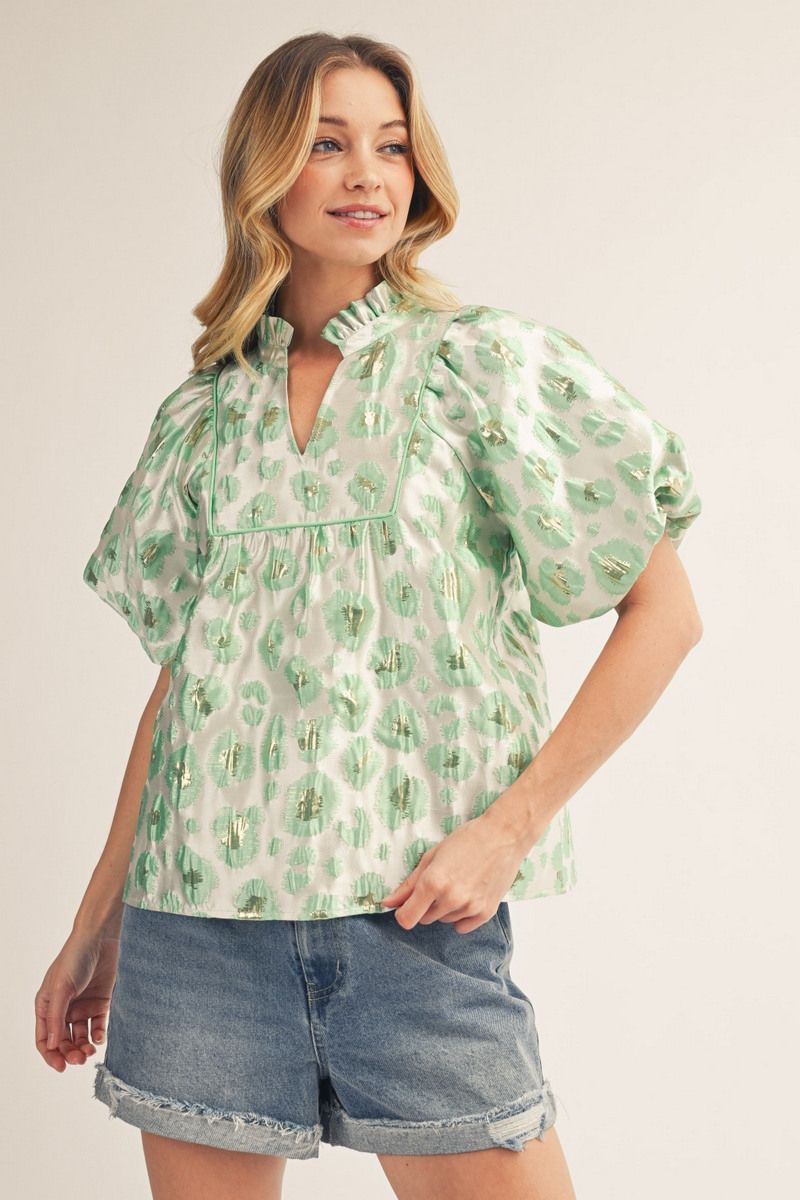 Short puff sleeves floral jacquard babydoll top with ruffled neckline, Color: Mint, Size: S