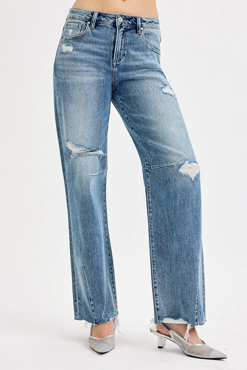 Slouchy Wide Baggy Leg Tie Washed Jeans, Color: Medium, Size: 1