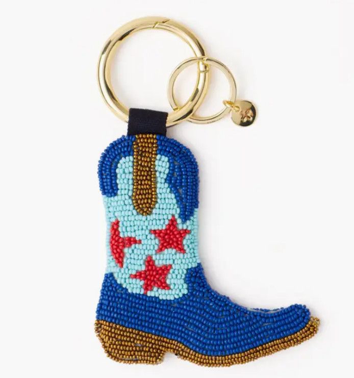 Riley Cowgirl Boot Beaded Bag Charm Blue