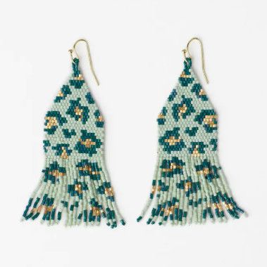 Delilah Cheetah Print Beaded Fringe Earrings Green + Gold