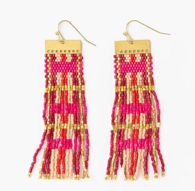 Mckenzie Brass Bar Long Fringe Earrings Hot Pink + Gold