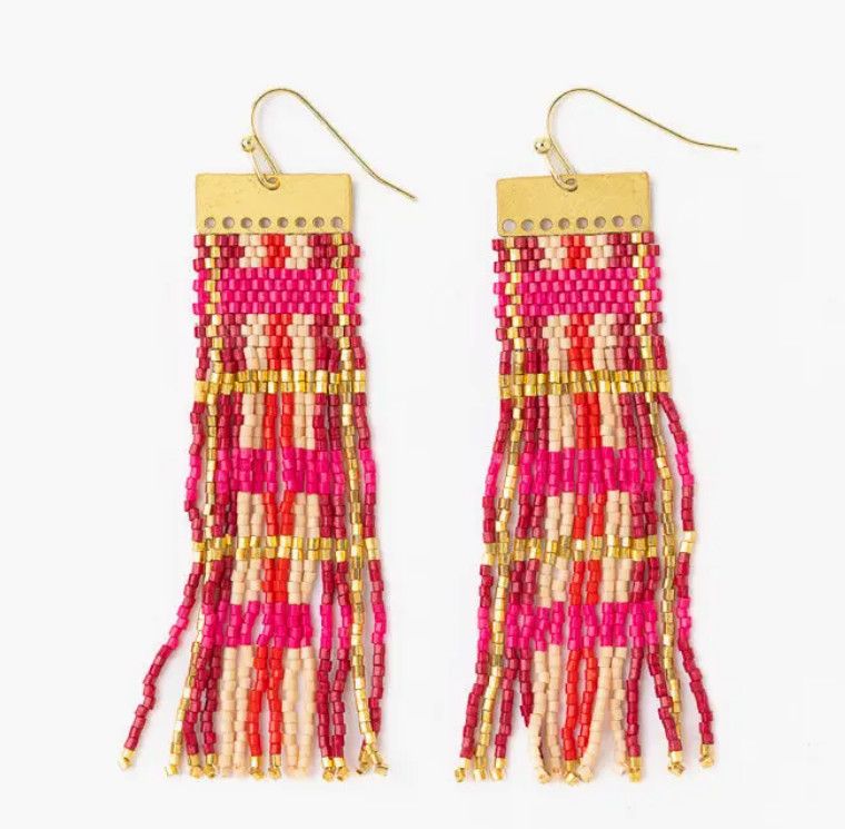 Mckenzie Brass Bar Long Fringe Earrings Hot Pink + Gold
