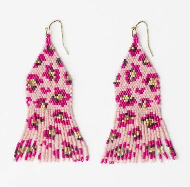 Delilah Cheetah Print Beaded Fringe Earrings Pink + Gold