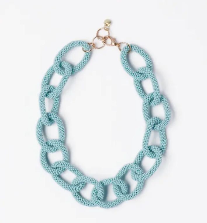 Jenna Chain Link Beaded Necklace Light Blue