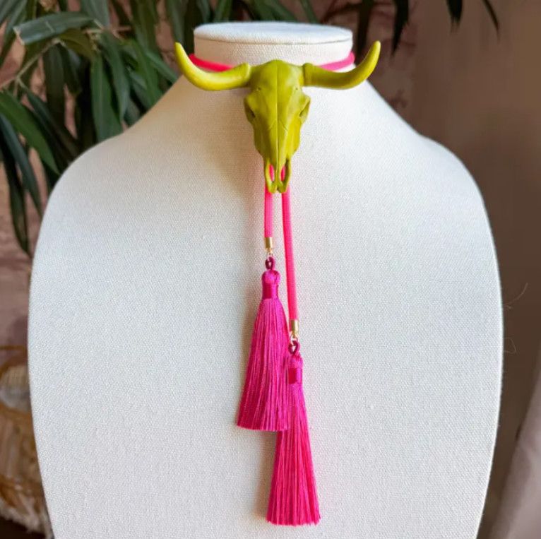 Longhorn Bolo Olive Green with Neon Pink &amp; Fuchsia