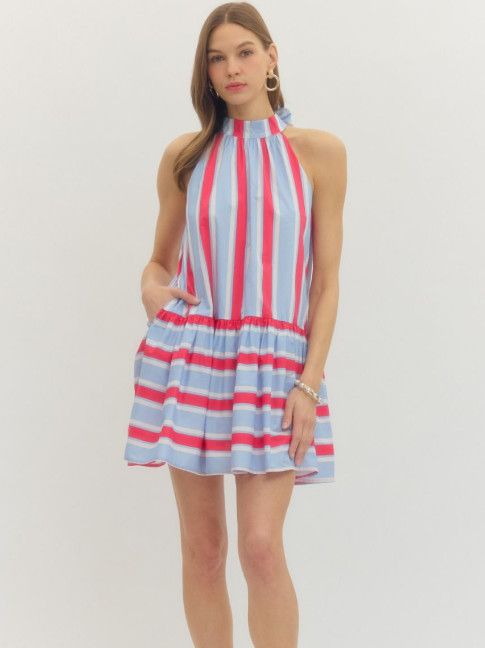 Striped sleeveless mini dress featuring back neck tie