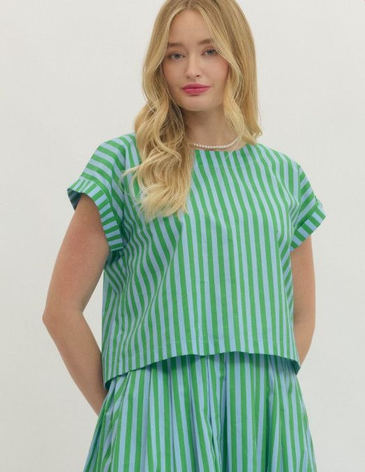 Striped short sleeve top featuring button detail at back