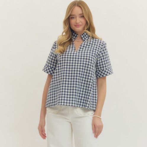 Gingham short sleeve top featuring stand collar V-neck, Color: Navy, Size: S