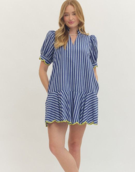 Solid puff short sleeve mini dress featuring notch collar V-neck and scallop accent trim, Color: Navy, Size: S
