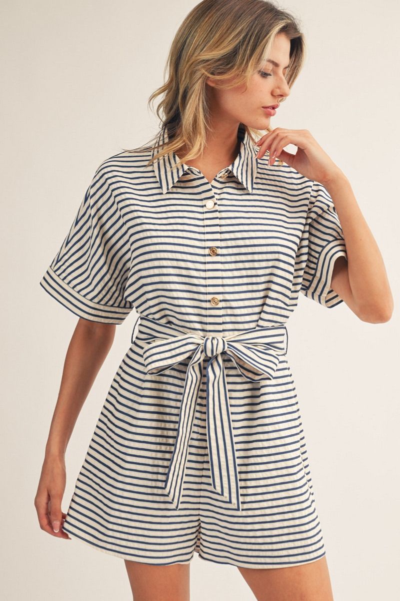 Drop shoulder button down stripe romper, Color: Denim, Size: S