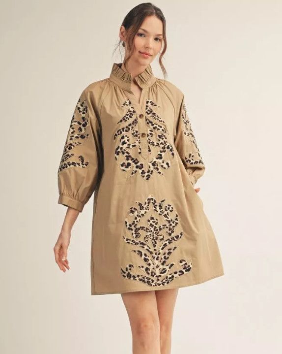 3/4 sleeves leopard contrast Baroque applie detail shift dress, Color: taupe, Size: S