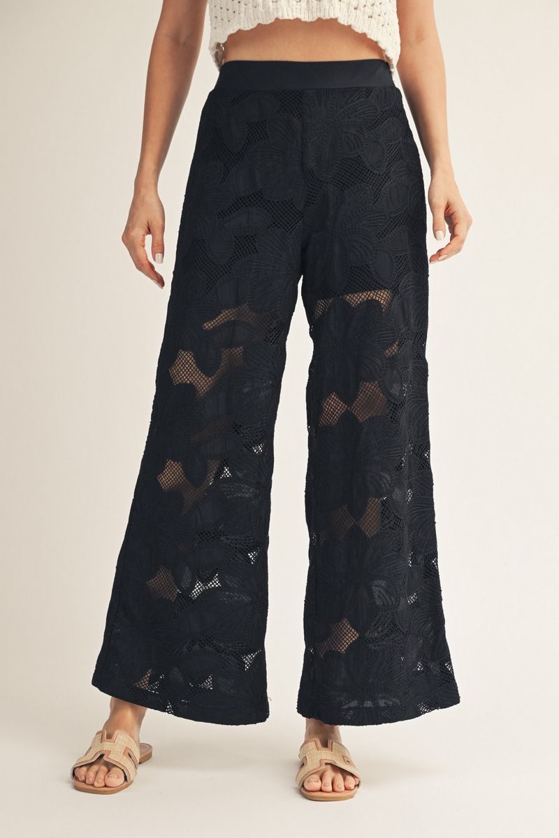 Elastic waist floral mesh pants, Color: Black, Size: S