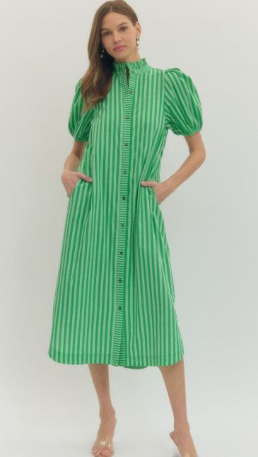 Stripe print puff sleeve midi dress, Color: green, Size: S