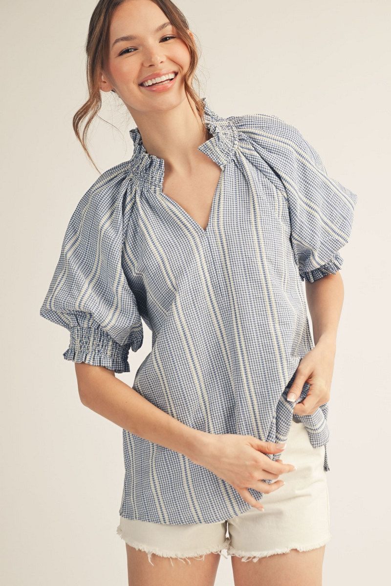 Short puff sleeves stripe top with ruffle detail, Color: blue, Size: S