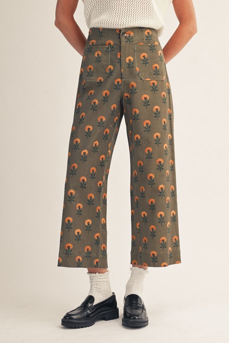 Wide leg boho floral casual pants, Color: olive, Size: S