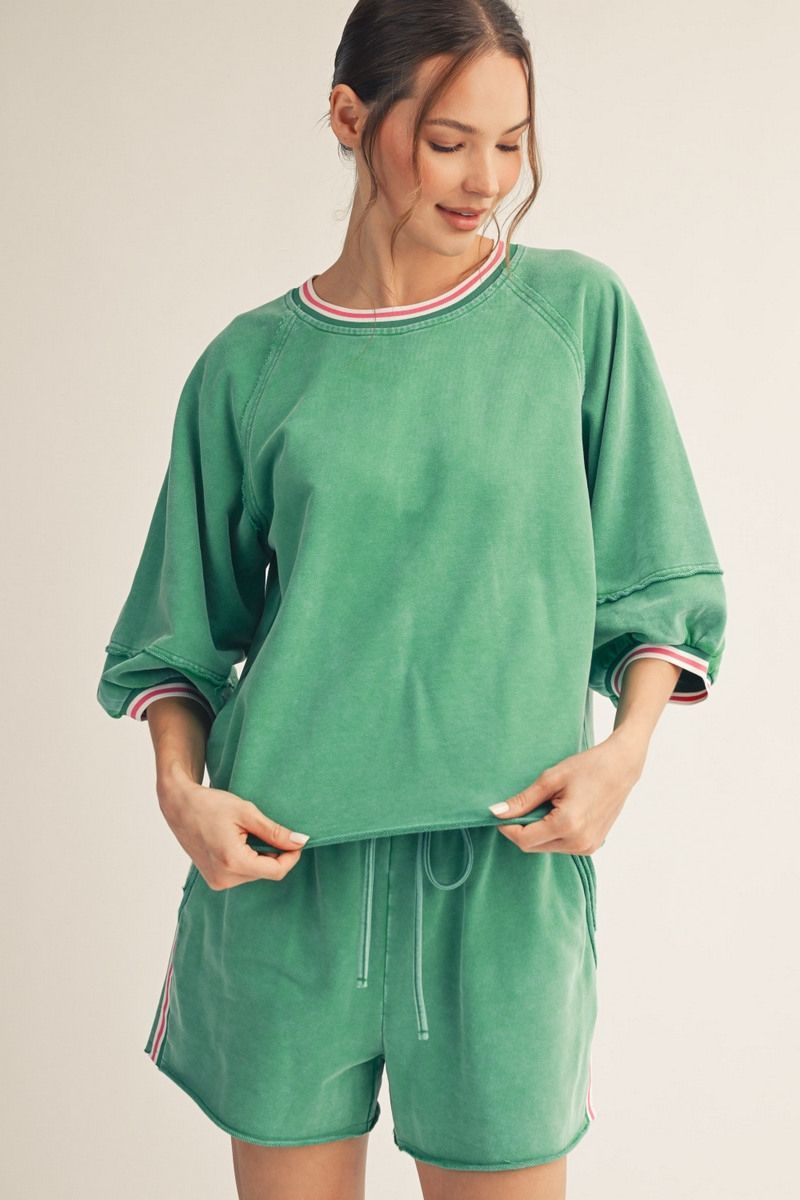 3/4 puff sleeves washed fabric casual top, Color: green, Size: S