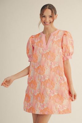 Short puff sleeves floral jacquard dress