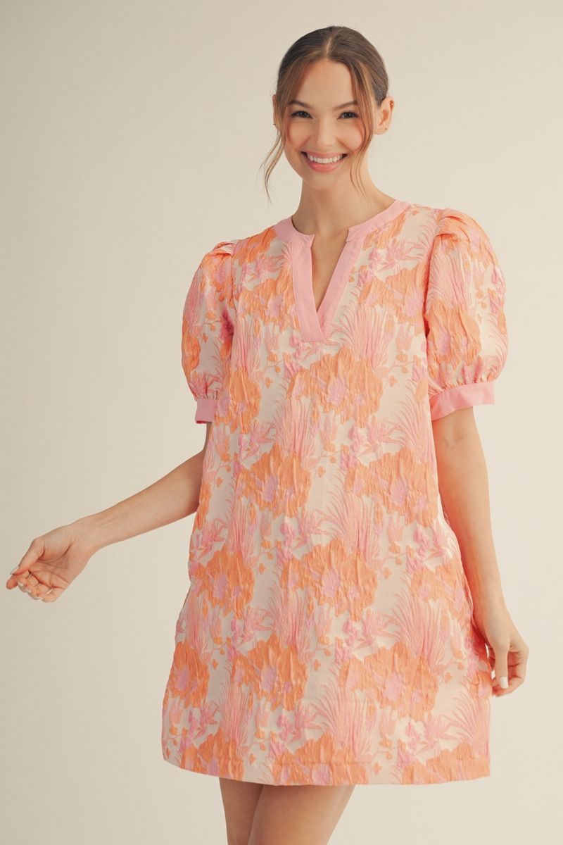 Short puff sleeves floral jacquard dress, Color: peach, Size: S