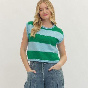 Striped cap sleeve top featuring contrast trim detail