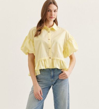 Solid short puff sleeve top featuring ruffle hem detail, Color: yellow, Size: S