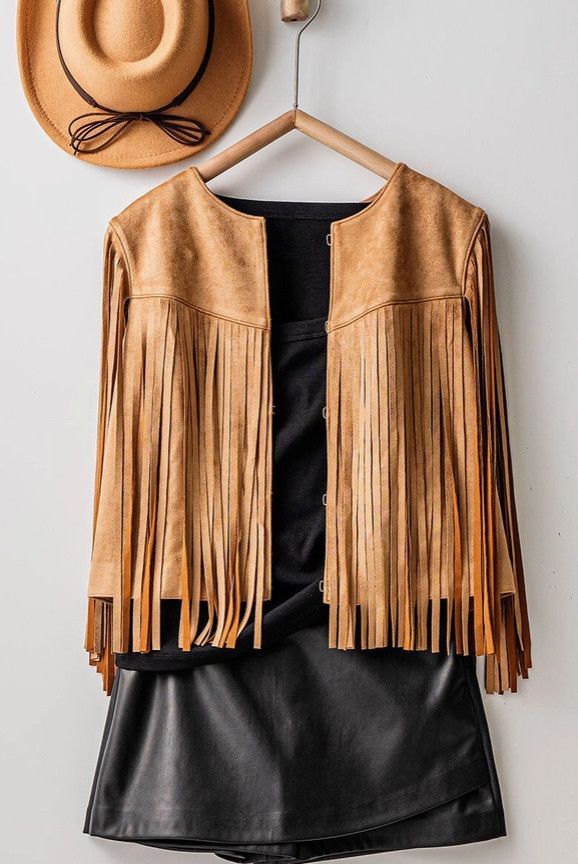 Western Faux Suede Fringe Open Front Jacket, Color: Camel, Size: S