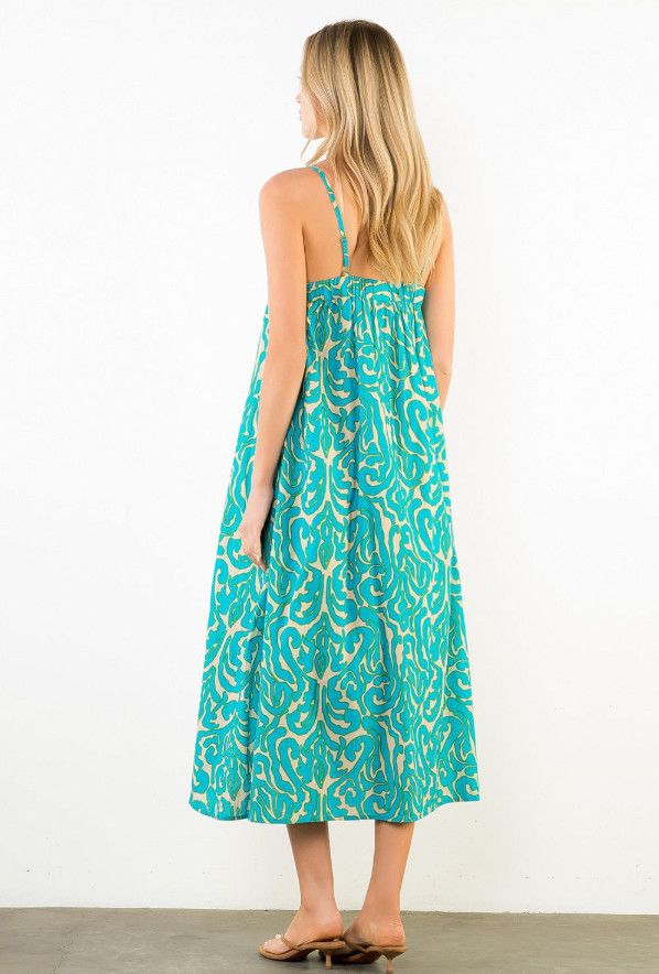 Thin strap pattern detailed dress, Color: turquoise, Size: xs