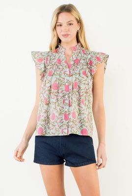 Flutter Sleeve Floral Detail Button Up Top