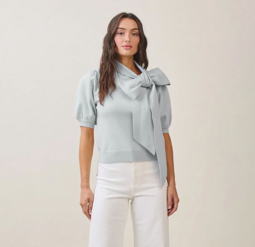 Bow Sweater Top, Color: Sky Blue, Size: S