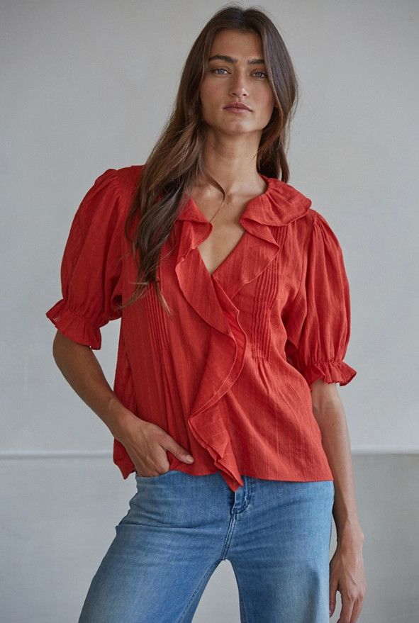 Woven Cotton Buttondown V-Neck Short Sleeve Top, Color: Red, Size: S